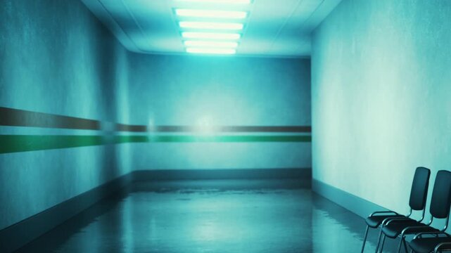 A hallway in a building features a row of empty chairs along one wall. The lighting is bright, casting reflections on the floor. The space appears clean and organized.