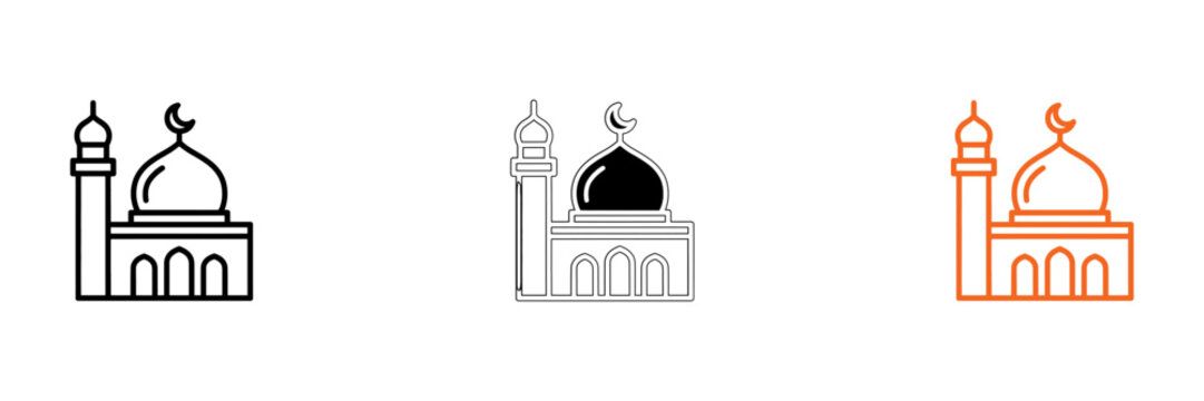 Set of three minimalist mosque icons featuring domes and minarets in black and orange outline styles