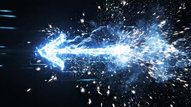 Abstract glowing blue arrow symbol moving at high speed with particle trail effect on black background