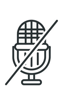 Minimalist vintage microphone icon with a diagonal slash on a white background, podcasting and audio recording concept