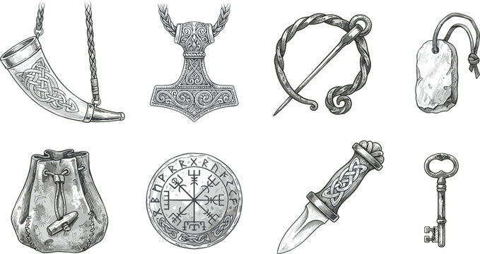Vintage Viking Artifacts and Norse Mythology Icon Set with Hand Drawn Sketch Thors Hammer Runes Compass and Dagger Symbols for Mystic Graphic Designs