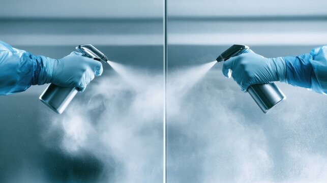 Hands in protective gloves spraying disinfectant from a bottle onto a surface in a sterile environment. Ideal for hygiene and sanitization concepts.