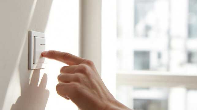 Realistic lifestyle photograph of an adult turning off a simple household light switch while leaving a bright room, natural daylight entering through a window, modest modern home interior