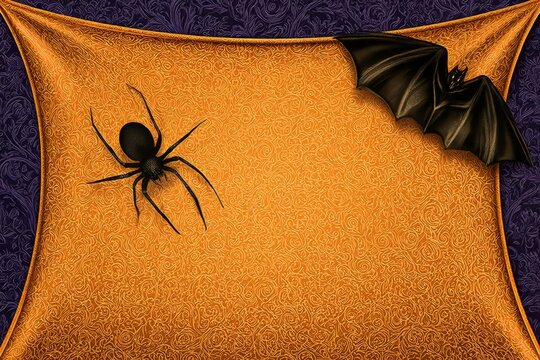 Spooky Halloween background with a black spider and bat on ornate orange fabric
