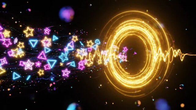 Abstract digital background featuring a glowing golden portal or wormhole with vibrant neon stars and geometric shapes flowing into it, creating a dynamic cosmic energy effect in deep space