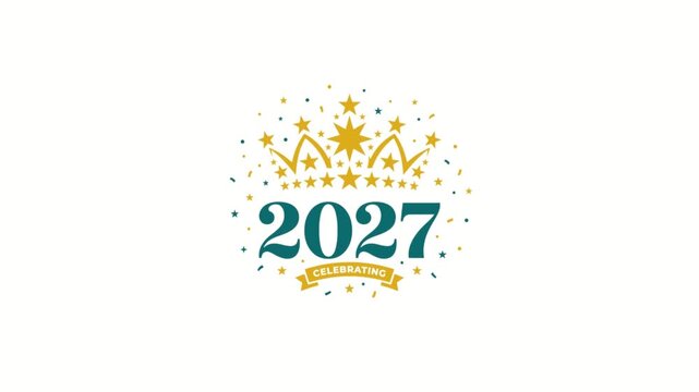 Two thousand twenty seven New Year holiday celebration logo animation with golden crown and sparkling stars featuring festive typography design elements for digital motion video clip.