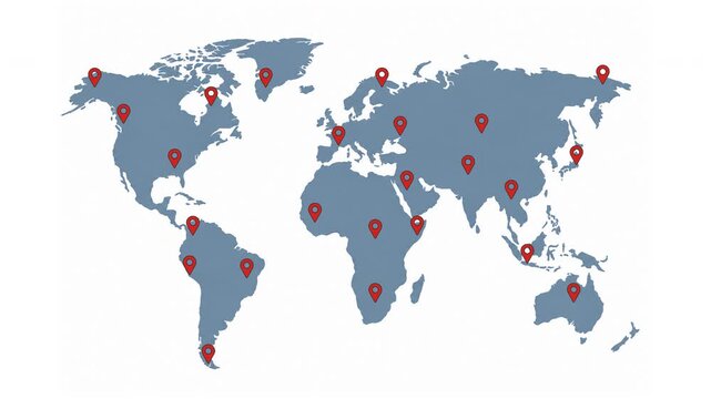 Global map with multiple red location pins marking various cities and countries across continents