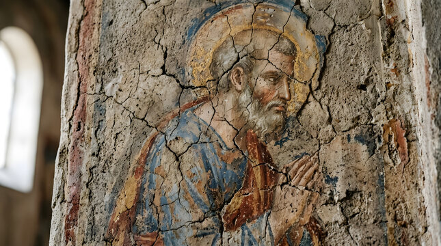 Ancient Cracked Fresco of a Saint in Prayer