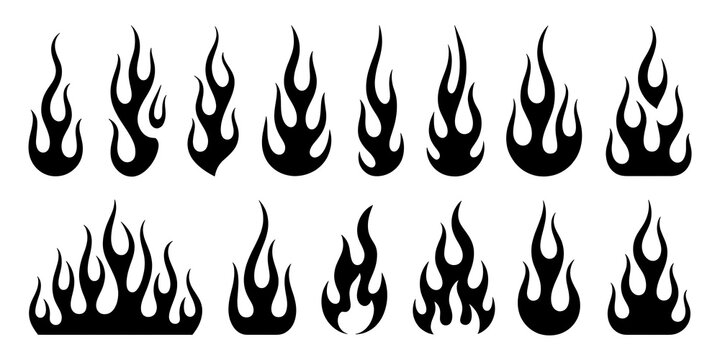 Collection of bold black tribal flame designs, featuring multiple stylized fire shapes with sharp curves, flowing flames, dynamic silhouettes and decorative variations.