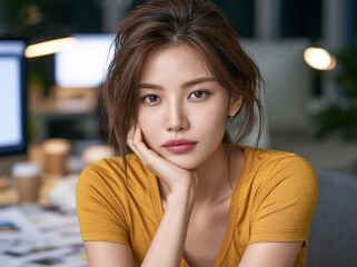 Obraz premium A young woman with tousled brown hair rests her cheek on her hand in a pensive pose, wearing a mustard yellow dotted button-up shirt, seated at a desk with a glowing warm lamp, coffee cups, and papers