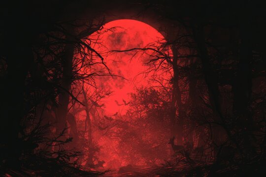 Spooky forest scene with a large red moon and flying bats at night
