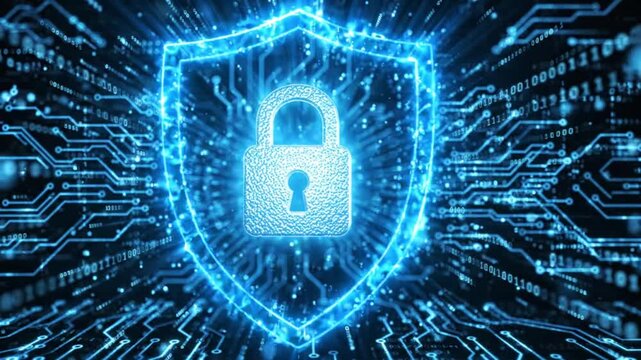 Digital security concept with a glowing padlock icon inside a shield shape, surrounded by abstract circuit board patterns and binary code data streams representing cybersecurity and data protection
