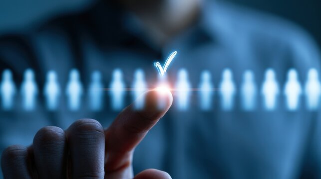 Businessman touching digital interface to select a candidate with a checkmark symbol. Great for human resources management and talent acquisition concepts.