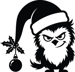 Fototapeta premium Grumpy owl wearing a santa hat with christmas ornament and holly isolated on white background