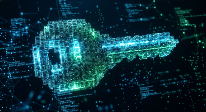 デジタルデータとブロックで形成された輝く鍵のイラスト、サイバーセキュリティと暗号化キーの概念、安全なアクセス権とデータ保護を表す近未来テクノロジーの背景