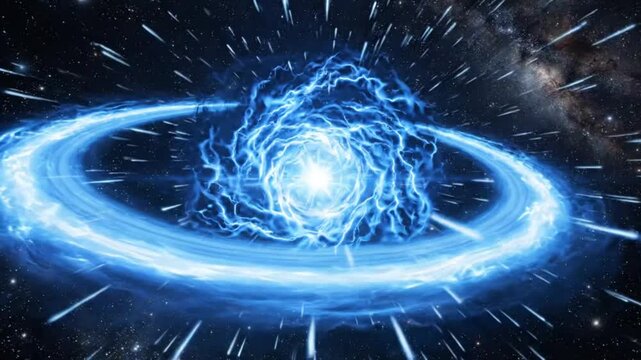 Abstract cosmic explosion with glowing blue energy rings and light streaks in deep space, representing a powerful supernova or interstellar event