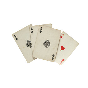 Four vintage playing cards featuring three aces of spades and one ace of hearts arranged in a fan pattern isolated on a transparent background