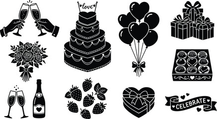Naklejka premium Wedding celebration icons set, black silhouette party elements, romantic anniversary vector graphics for invitations and cards