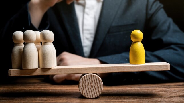 One yellow figure balances against group on seesaw, symbolizing weighted choices and unequal comparison. Business person observes, making critical judgment or strategy decision.