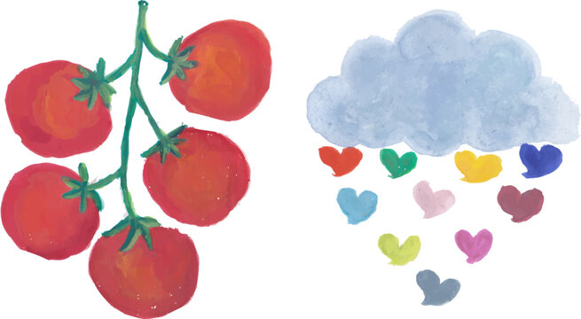 Tomatoes on Vine and Cloud Raining Hearts Illustration