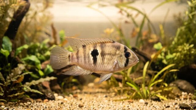 keyhole cichlid underwater close up at morning light in orinoco river basin venezuela video