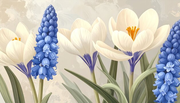 Garden display featuring blue grape hyacinth alongside white crocus petals blooming during the early spring season showing a botanical arrangement for floral decoration and seasonal creative