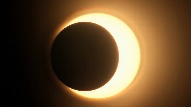Solar eclipse showing partial moon obscuration with bright golden corona light ring in this dramatic astronomical space video motion clip