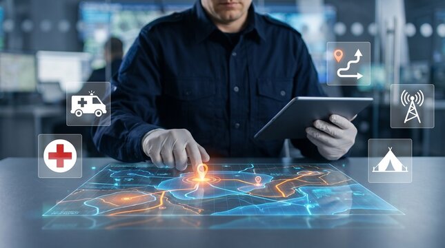 Emergency coordinator using digital tablet to manage crisis response on holographic map