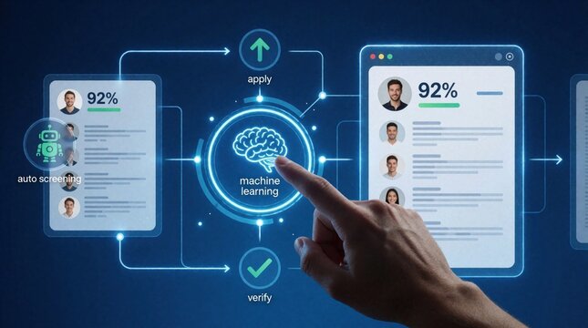 Human hand touches digital interface for AI recruitment. Smart hiring dashboard shows machine learning brain icon with candidate profiles, resume screening scores. Automated HR tech helps select best