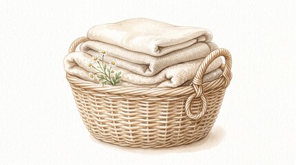 Obraz premium Watercolor illustration of a woven rattan laundry basket filled with neatly folded cream-colored towels and blankets, featuring a small sprig of white chamomile flowers tucked into the side.