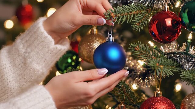 Manos femeninas cuelgan con delicadeza una bola azul mate en la rama de un &aacute;rbol de Navidad decorado e iluminado.