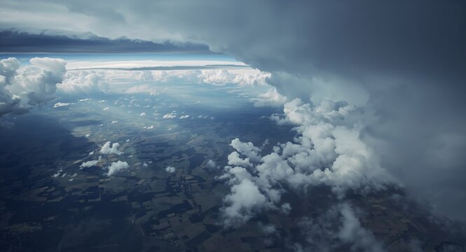 Aerial perspective reveals dramatic stormy clouds rolling over vast landscapes, inviting viewers � Travel and Adventure Lifestyle Concept for Tourism and Vacation