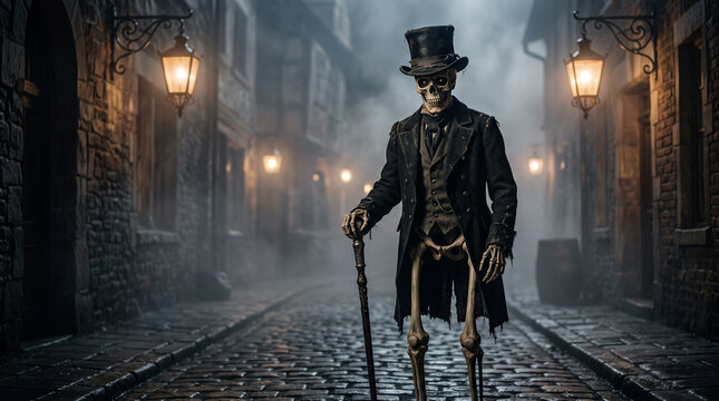 Skeleton wearing a top hat and cane posing on Halloween night. halloween skeleton, top hat, costume, spooky, eerie, skull, october, festive, creepy, scary, masquerade, gothic