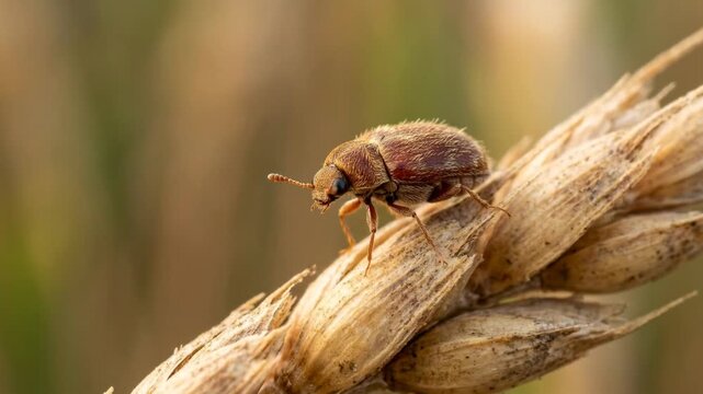 khapra beetle close up at morning light in india agricultural field video