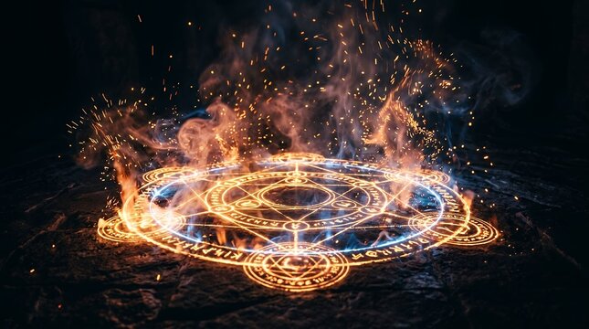 Luminous Glowing Magic Circles Emitting Smoke Particles and Fiery Sparks on Dark Surface magic ring glowing smoke spark effect dark background luminous fire aura light portal energy abstract particle