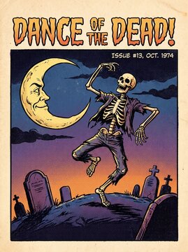 Classic 1970s horror comic book style illustration of a skeleton dancing under the moon, bold inking and halftone patterns.