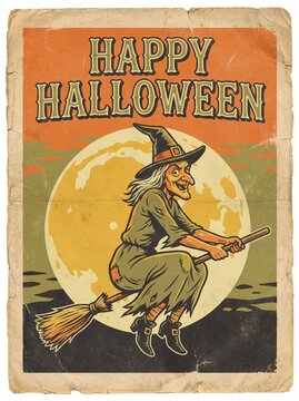 Vintage 1950s Halloween poster featuring a witch on a broomstick with retro text Happy Halloween, desaturated colors.