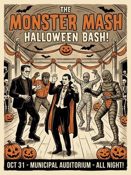 Stylized drawing of a Halloween party with classic monsters dancing, vintage event poster style.