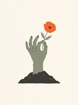Minimalist illustration of a zombie hand rising from the ground holding an orange flower.
