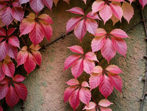 Red, pink autumn leaves of Virginia creeper vine climb textured wall. Vibrant fall foliage creates natural pattern. Seasonal botanical detail perfect for design, nature themes, seasonal concepts.