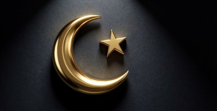 Golden crescent moon and star symbol set against a dark textured background. Represents Islamic faith, traditions, and celestial observation. Minimalist design for spiritual or cultural themes.