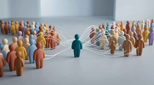 Central teal figure connected to two crowds by glowing fiber optic lines