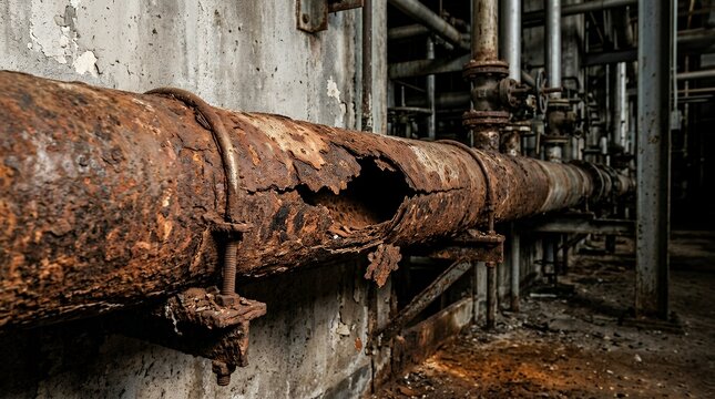 Extreme Rust Deterioration on Industrial Metallic Conduit Showing Severe Structural Damage and Rupture Background corrosion rusty pipe damage rupture Hole metal industrial failure infrastructure