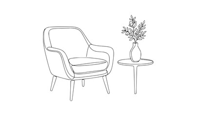 Fototapeta premium Scandinavian Armchair and Side Table with Plant Continuous Line Art Vector Illustration