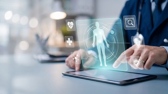 Doctor using digital tablet with holographic medical interface for patient health analysis
