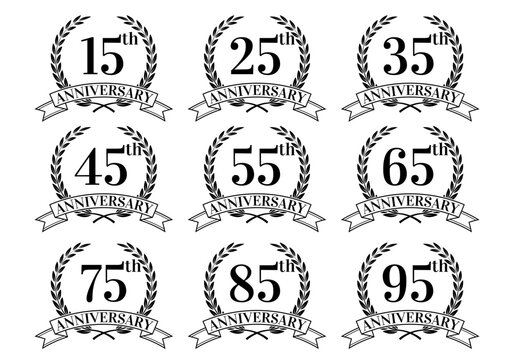 Anniversary icon or logo set with laurel wreath. 15, 25, 35, 45, 55, 65, 75, 85, 95 years jubilee, birthday badge, label or emblem. Celebration design element. Vector illustration.