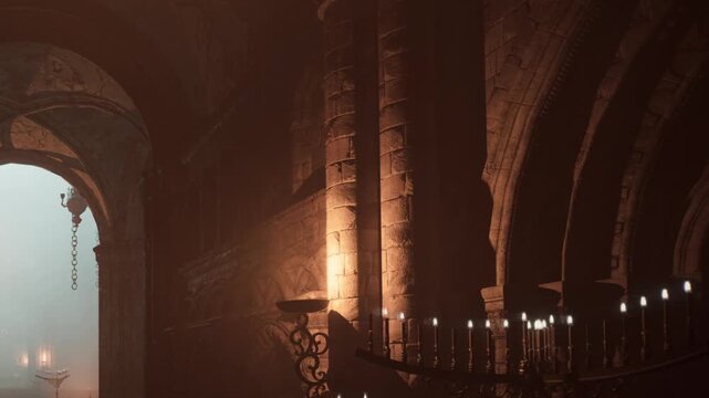 The scene shows a dimly lit hall with tall stone columns and candles providing soft light. Shadows play against the walls as the atmosphere feels historic and intriguing.