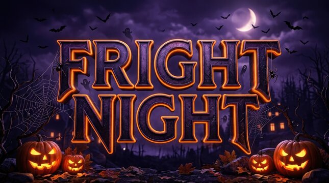 Fright night halloween typography with glowing jack o lanterns and moonlit background