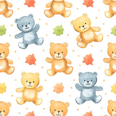 Obraz premium Seamless pattern with cute watercolor teddy bears on white background
