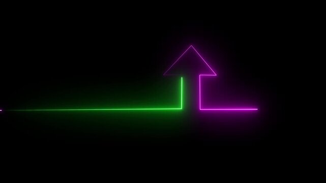 The neon shine up arrow glows brightly in vibrant shades of green and yellow. Its sleek design exudes energy, symbolizing upward movement 4k video..